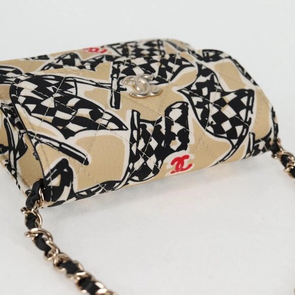 CHANEL Matelasse Checkered Flag Chain Shoulder Bag Nylon Beige CC Auth 125975M - Picture 7 of 16